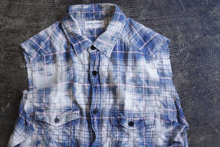 SAINT LAURENT PARIS Bleach Cut Off Check Shirt